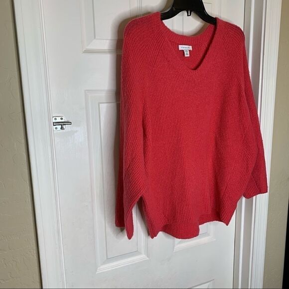 Topshop Oversized V Neck Ribbed Sweater Coral Pink - Picture 3 of 9